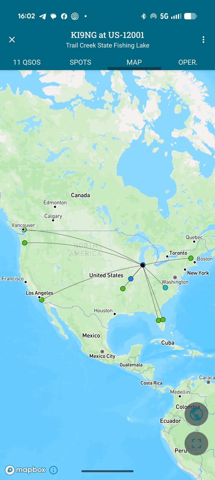 POTA app showing KI9NG at US-12001, 11 QSOs, contact map