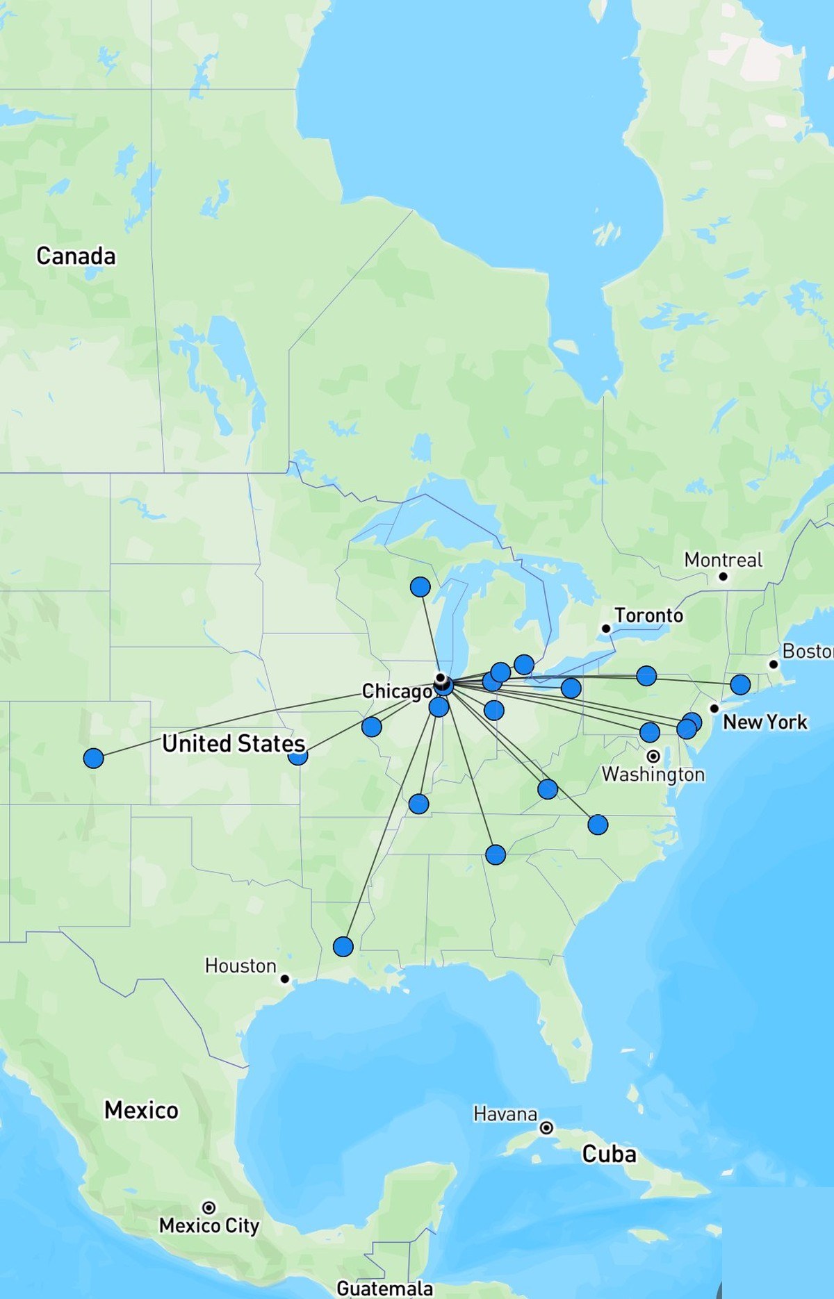 Ham2K QSO map showing 21 contacts radiating out from the Chicago area